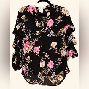 LIBERTY LOVE Black/Pink/Tan/White Floral V-Neck Sheer Top w/ Size Small, NWT.